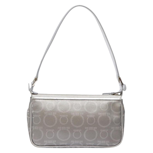 Salvatore Ferragamo Gancini Shoulder Bag Leather Silver Auth 136843