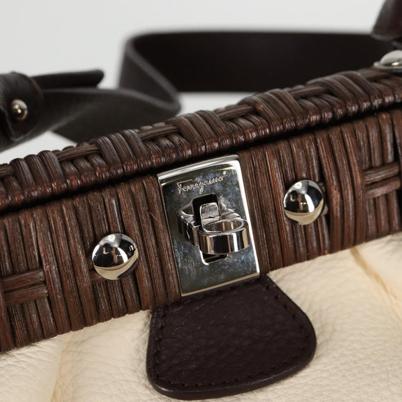 Salvatore Ferragamo Gancini Hand Bag Leather Ivory Silver Auth 136857