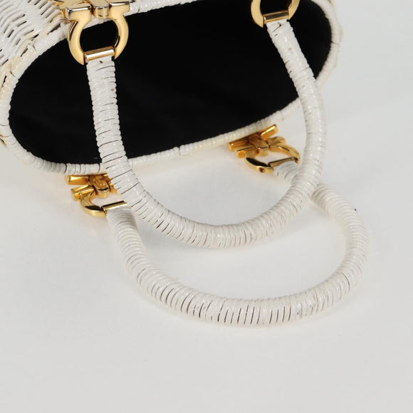 Salvatore Ferragamo Gancini Hand Bag Raffia White Gold Auth 136858V