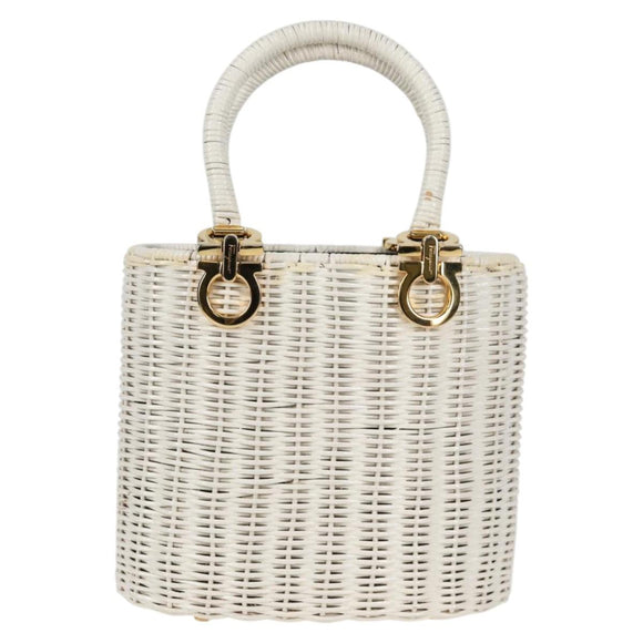 Salvatore Ferragamo Gancini Hand Bag Raffia White Gold Auth 136858V