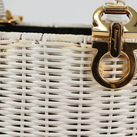Salvatore Ferragamo Gancini Hand Bag Raffia White Gold Auth 136858V
