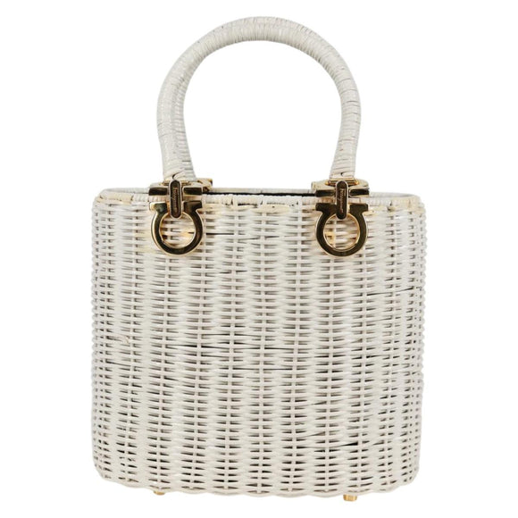 Salvatore Ferragamo Gancini Hand Bag Raffia White Gold Auth 136858V