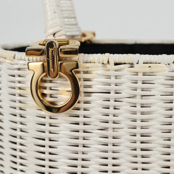 Salvatore Ferragamo Gancini Hand Bag Raffia White Gold Auth 136858V