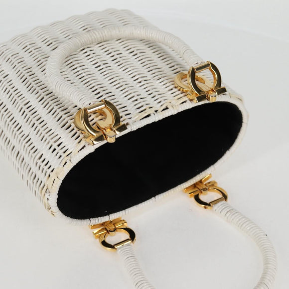 Salvatore Ferragamo Gancini Hand Bag Raffia White Gold Auth 136858V