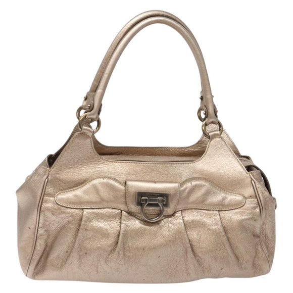 Salvatore Ferragamo Gancini Hand Bag Leather Gold Auth 136922