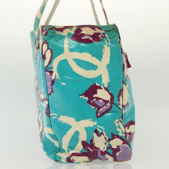 CHANEL Tote Bag Vinyl Blue Silver CC Auth 136970