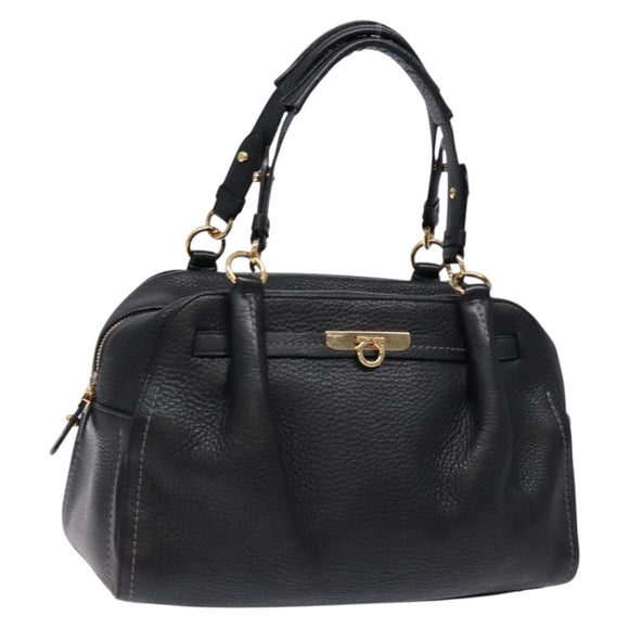 Salvatore Ferragamo Gancini Hand Bag Leather Black Gold Auth 136973