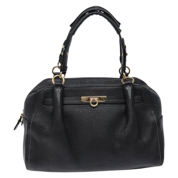 Salvatore Ferragamo Gancini Hand Bag Leather Black Gold Auth 136973