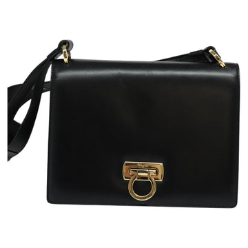 Salvatore Ferragamo Gancini Shoulder Bag Leather Black Gold Auth 137001 - 0