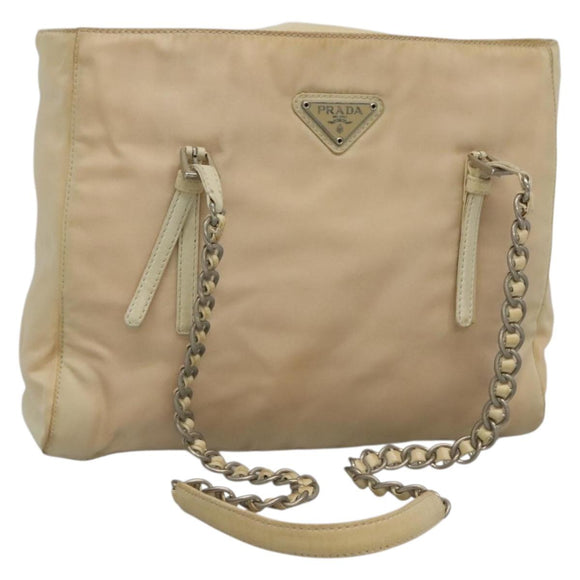 PRADA Chain Shoulder Bag Nylon Ivory Silver Auth 137031