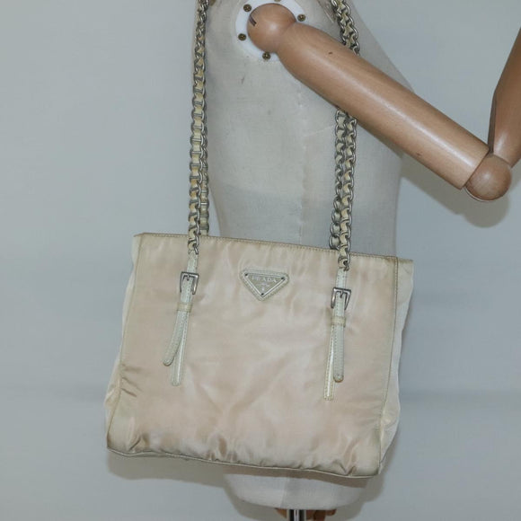 PRADA Chain Shoulder Bag Nylon Ivory Silver Auth 137031