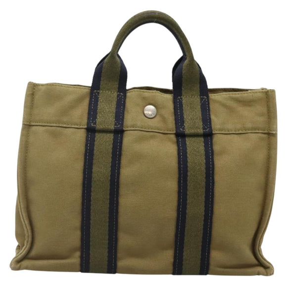 HERMES Fourre Tout PM Hand Bag Canvas Green Gray Auth 137122