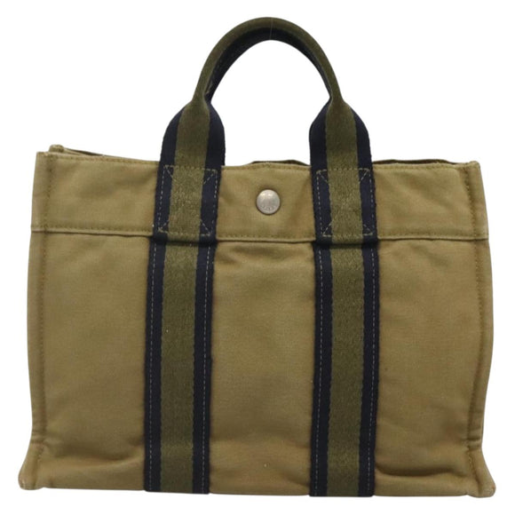 HERMES Fourre Tout PM Hand Bag Canvas Green Gray Auth 137122