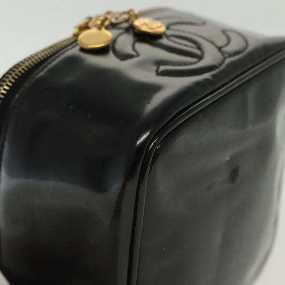 CHANEL Vanity Pouch Patent leather Black Gold CC Auth 137125