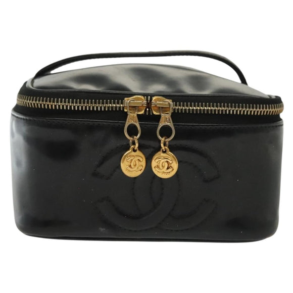 CHANEL Vanity Pouch Patent leather Black Gold CC Auth 137125