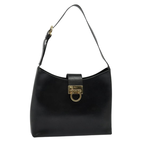Salvatore Ferragamo Gancini Shoulder Bag Leather Black Gold Auth 137128