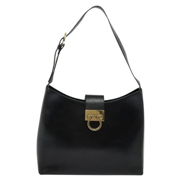Salvatore Ferragamo Gancini Shoulder Bag Leather Black Gold Auth 137128