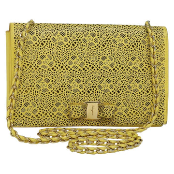 Salvatore Ferragamo Vala Chain Shoulder Bag Leather Yellow Silver Auth 137170
