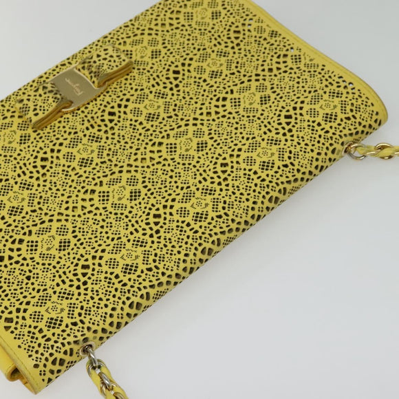 Salvatore Ferragamo Vala Chain Shoulder Bag Leather Yellow Silver Auth 137170