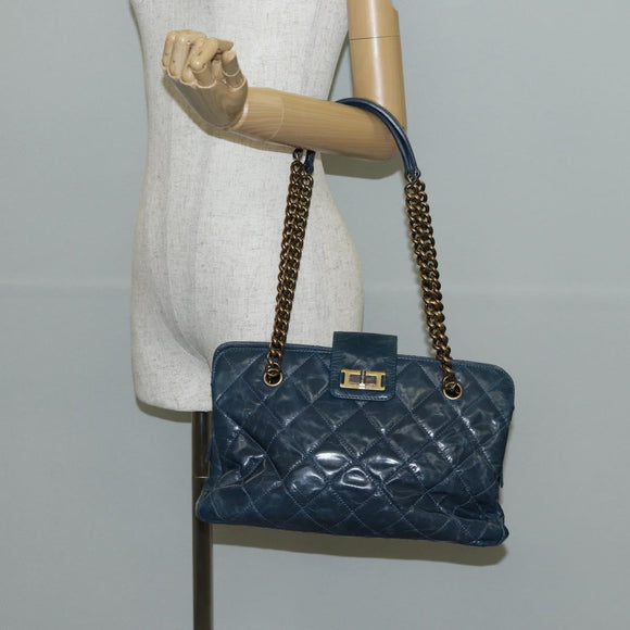 CHANEL Matelasse Chain Shoulder Bag Leather Blue CC Auth 137232V