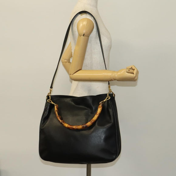 GUCCI Bamboo Hand Bag Leather 2way Black Gold 001 1781 1577 0 Auth 137281