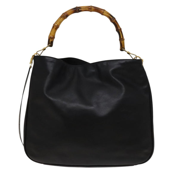 GUCCI Bamboo Hand Bag Leather 2way Black Gold 001 1781 1577 0 Auth 137281