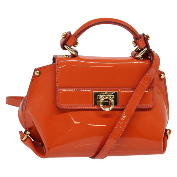 Salvatore Ferragamo Gancini Hand Bag Enamel 2way Orange Gold Auth 137418