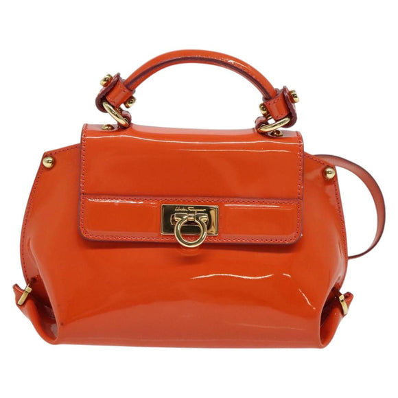 Salvatore Ferragamo Gancini Hand Bag Enamel 2way Orange Gold Auth 137418