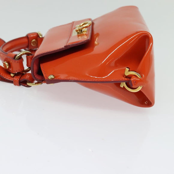 Salvatore Ferragamo Gancini Hand Bag Enamel 2way Orange Gold Auth 137418