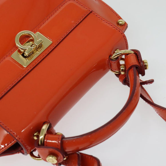 Salvatore Ferragamo Gancini Hand Bag Enamel 2way Orange Gold Auth 137418