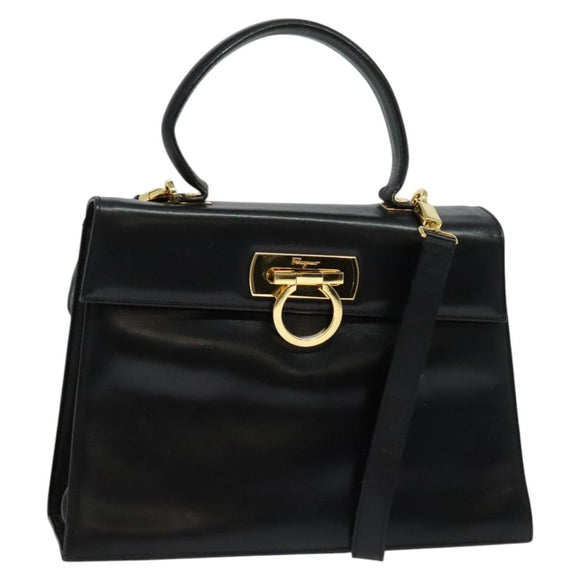 Salvatore Ferragamo Gancini Hand Bag Leather 2way Black Gold Auth 137421