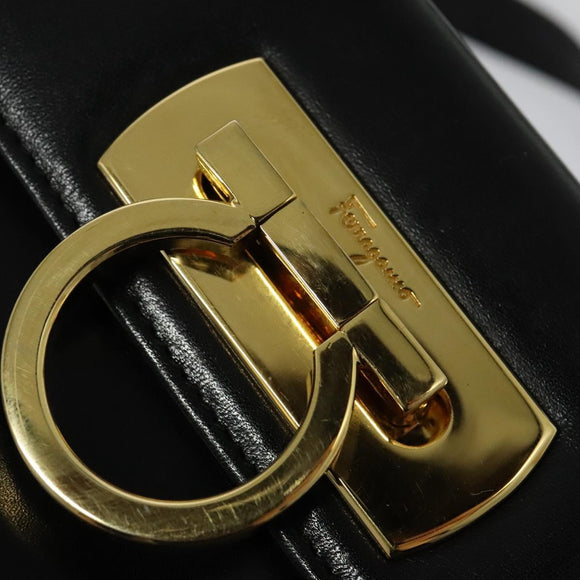 Salvatore Ferragamo Gancini Hand Bag Leather 2way Black Gold Auth 137421