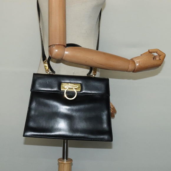 Salvatore Ferragamo Gancini Hand Bag Leather 2way Black Gold Auth 137421