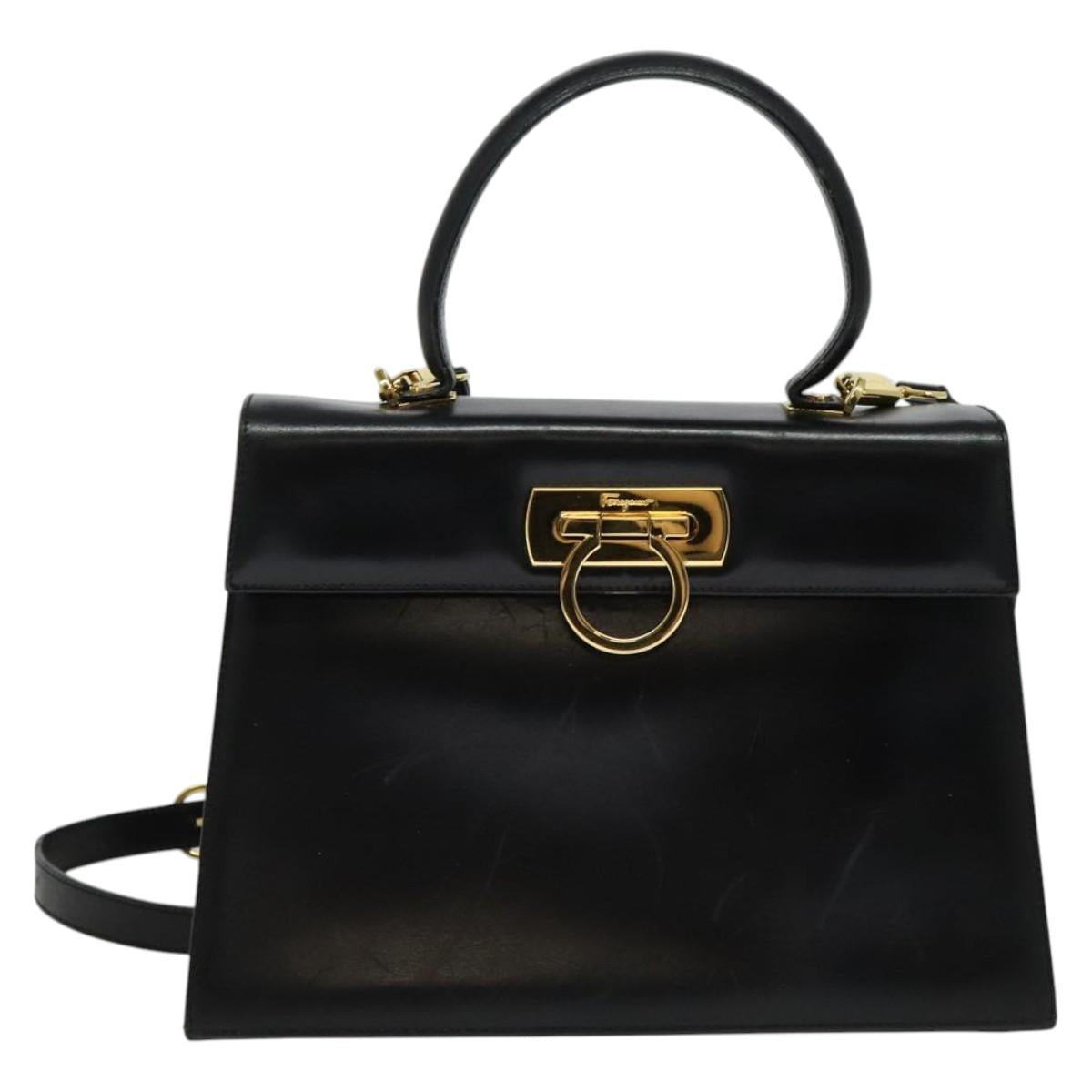 Salvatore Ferragamo Gancini Hand Bag Leather 2way Black Gold Auth