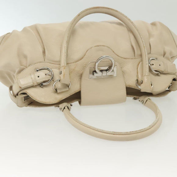 Salvatore Ferragamo Gancini Tote Bag Leather Beige Silver Auth 137424