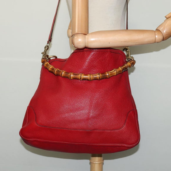 GUCCI Bamboo Hand Bag Leather 2way Red Gold 282315 Auth 137429