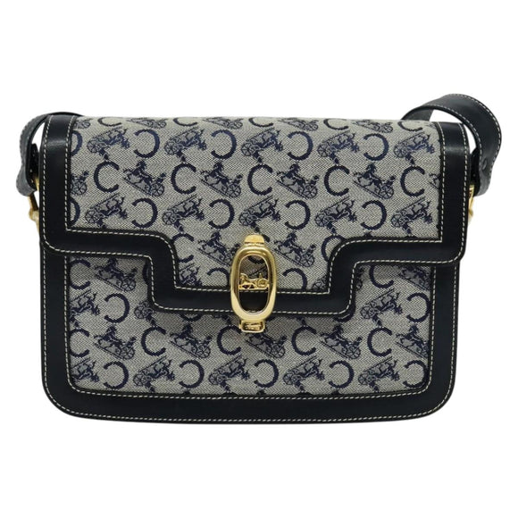 CELINE C Sulky Shoulder Bag Canvas Leather Navy Gold Auth 137437