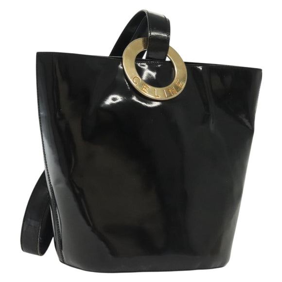 CELINE Circle Shoulder Bag Enamel Black Gold Auth 137438