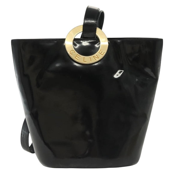 CELINE Circle Shoulder Bag Enamel Black Gold Auth 137438