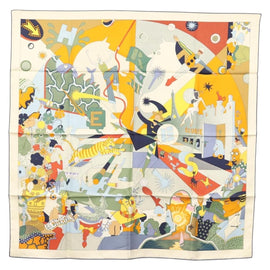 HERMES Carre 90 Scarf ""CA DECOIFFE!"" Silk Beige Auth 137450M