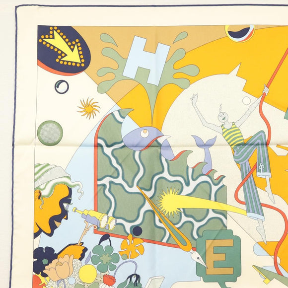 HERMES Carre 90 Scarf ""CA DECOIFFE!"" Silk Beige Auth 137450M