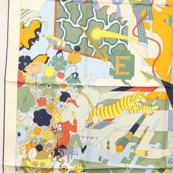 HERMES Carre 90 Scarf ""CA DECOIFFE!"" Silk Beige Auth 137450M