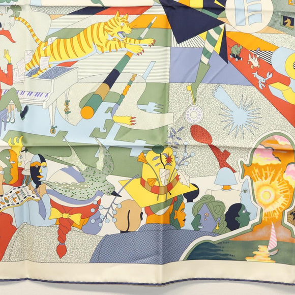 HERMES Carre 90 Scarf ""CA DECOIFFE!"" Silk Beige Auth 137450M