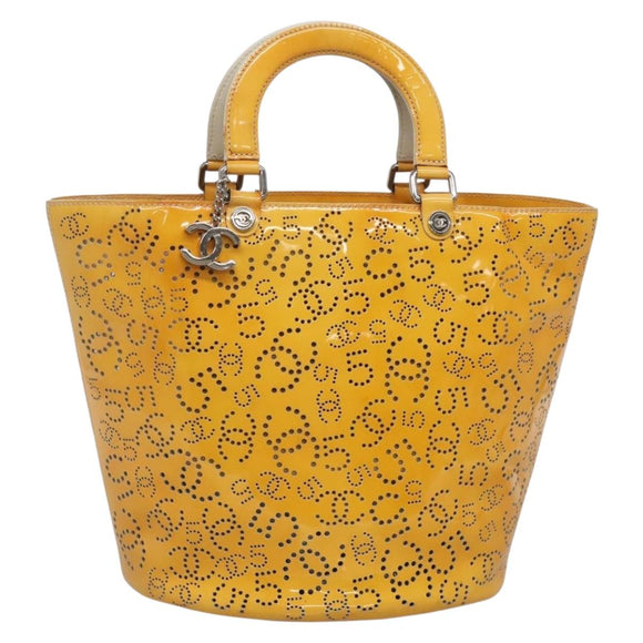 CHANEL punching Tote Bag Patent leather Yellow Silver CC Auth 137464