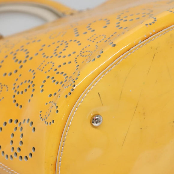 CHANEL punching Tote Bag Patent leather Yellow Silver CC Auth 137464