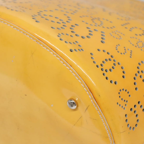 CHANEL punching Tote Bag Patent leather Yellow Silver CC Auth 137464