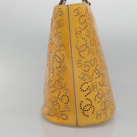 CHANEL punching Tote Bag Patent leather Yellow Silver CC Auth 137464