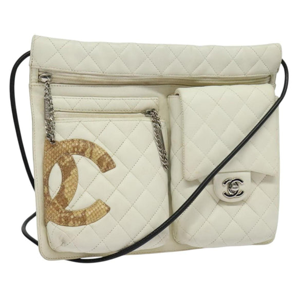 CHANEL COCO Mark Cambon Line Shoulder Bag Leather White Silver CC Auth 137480