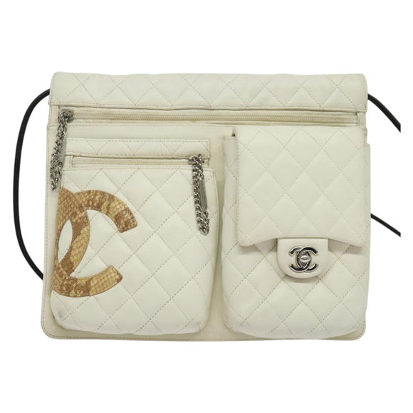 CHANEL COCO Mark Cambon Line Shoulder Bag Leather White Silver CC Auth 137480
