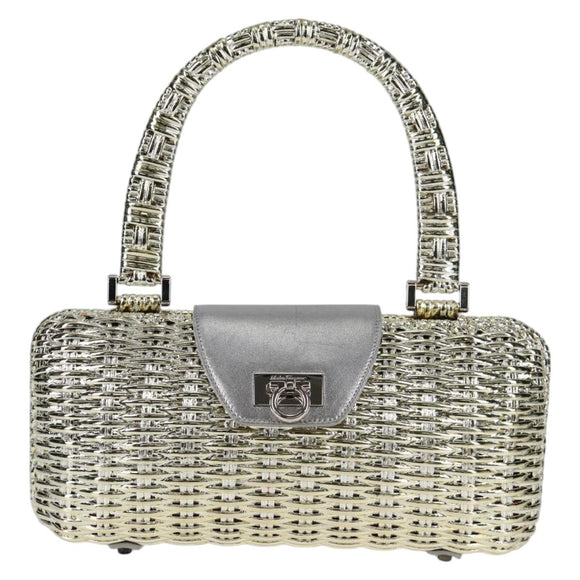 Salvatore Ferragamo Gancini Hand Bag Rattan Gold Auth 137497SAV